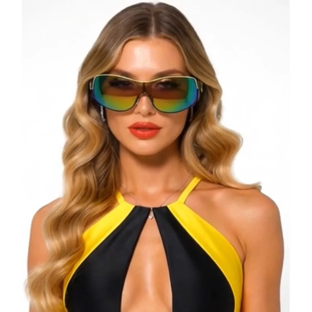 Black and Yellow Shield Sunglasses Mirrored Lens Sporty Racing Wrap Frames Gafas